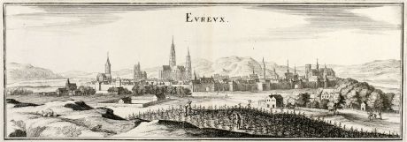 Antique Maps, Merian, France, Evreux, Normandy, 1657: Eureux