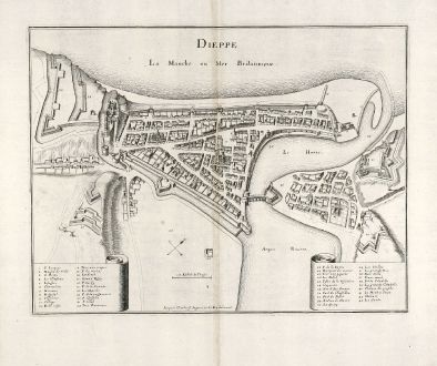 Antique Maps, Merian, France, Dieppe, Normandy, 1657: Dieppe