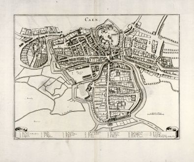 Antike Landkarten, Merian, Frankreich, Caen, Normandie, 1657: Caen