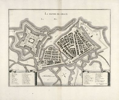 Antique Maps, Merian, France, Le Havre, Normandy, 1657: La Havre de Grace