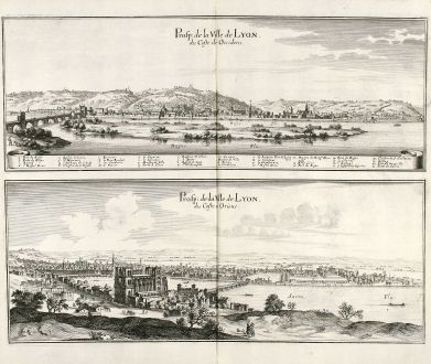 Antique Maps, Merian, France, Lyon, 1657: Prosp: de la Ville de Lyon, du Coste de Occidens / Prosp: de la Ville de Lyon, du Coste de Oriens.