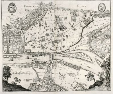 Antike Landkarten, Merian, Frankreich, Rouen, 1657: Rotomagus, Rouan