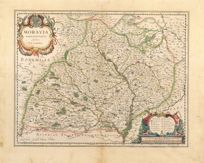 Antique Maps, Blaeu, Czechia - Bohemia, Moravia, 1630: Moravia Marchionatus Auctore I.A. Comenio.