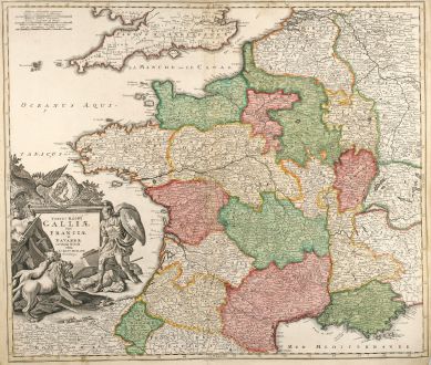 Antike Landkarten, Homann, Frankreich, 1720: Totius Regni Galliae Sive Franciae et Navarrae novißima Tabula edita à Io. Bapt. Homann Norimbergae.