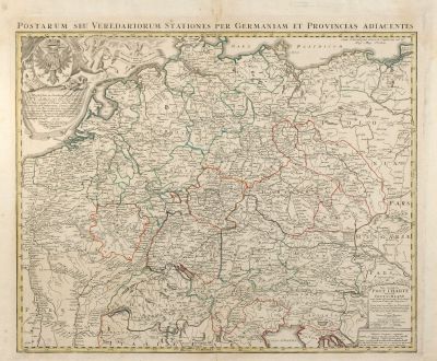 Antike Landkarten, Homann, Deutschland, Postrouten Karte, 1714: Neu vermehrte Post Charte durch gantz Teutschland nach Italien, Franckreich. Niederland, Preußen, Polen, und Ungarn /...