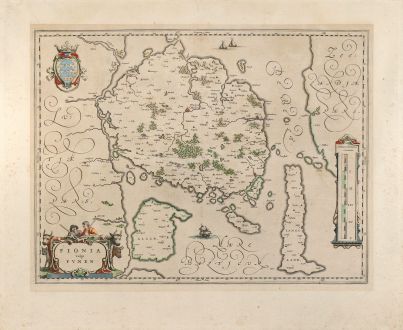 Antike Landkarten, Blaeu, Skandinavien, Dänemark, Funen, 1640: Fionia vulgo Funen