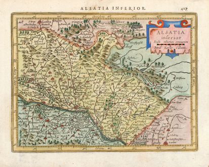 Antike Landkarten, Mercator, Frankreich, Elsass, Straßburg, Hagenau, 1628: Alsatia inferior