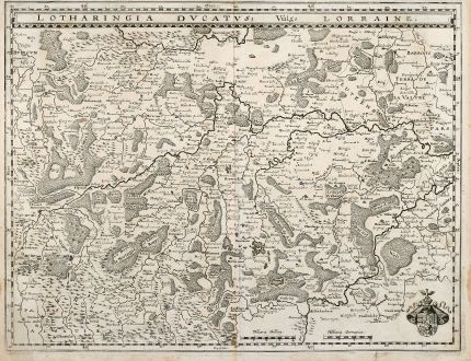 Antike Landkarten, Merian, Frankreich, Lothringen, Saarland, 1628: Lotharingia Ducatus, Vulgo Lorraine.