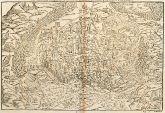 Antique woodcut town view of Colmar, Alsace. Printed in Basle by Petri in 1575.