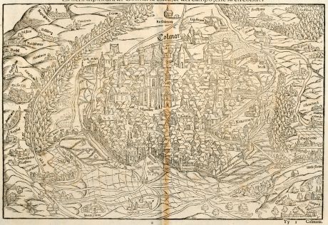 Antique Maps, Münster, France, Alsace, Colmar, 1575: La uera dipintura di Colmaria citta & del compo, che la circonde.