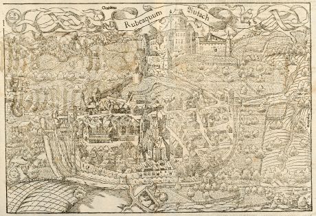 Antike Landkarten, Münster, Frankreich, Elsass, Rufach, 1550: Die Statt Rufach mit sampt dem Schloß Isenburg / auffs fleissigest nach jetziger gelegenheit contrafethet.