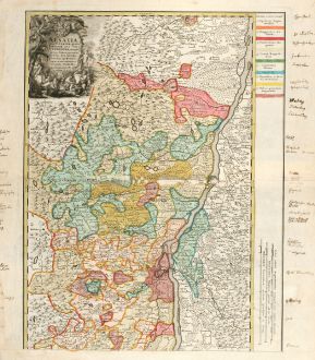 Antique Maps, Homann Erben, France, Alsace, Rhine River, 1750: Alsatia tam Superior, quam inferior una cum Sundgovia, utraque in suos Status provincia les divisa & ex subsidus veteribus...