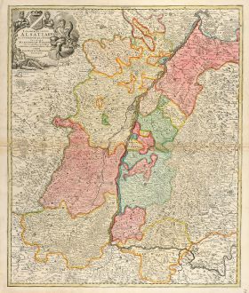 Antique Maps, Homann, France, Alsace, Breisgau, Rhine, 1720: Landgraviatus Alsatiae tam Superioris quam Infericum utroque Marchionatu Badensis