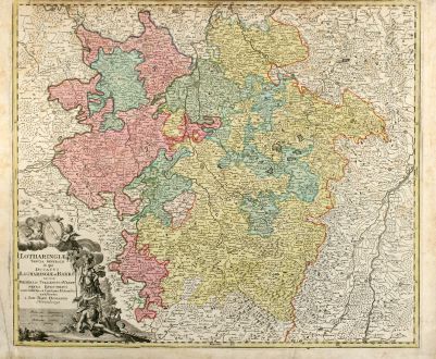 Antique Maps, Homann, France, Lorraine, 1720: Lotharingiae Tabula Generalis in qua Ducatus Lotharingiae et Barri nec non Metensis, Tullensis et Verdunensis Episcopatus