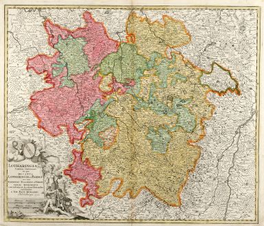 Antique Maps, Homann, France, Lorraine, 1712: Lotharingiae Tabula Generalis in qua Ducatus Lotharingiae et Barri nec non Metensis, Tullensis et Verdunensis Episcopatus