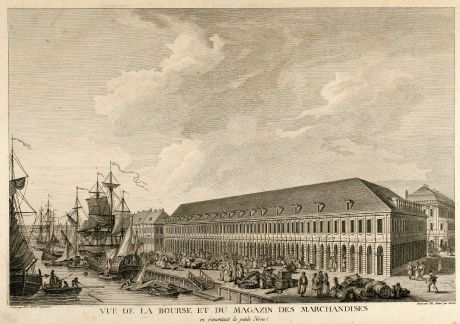 Antike Landkarten, de Lespinasse, Russland, St. Petersburg, 1783: Vue de la Bourse et du Magazin des Marchandises en remontant la petite Neva