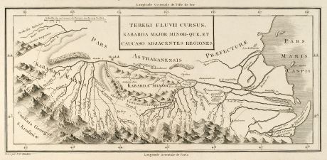 Antique Maps, Tardieu, Russia, Terek River, Caspian Sea, 1783: Tereki Fluvii Cursus, Kabarda major minor-que et Caucaso adjacentes Regiones