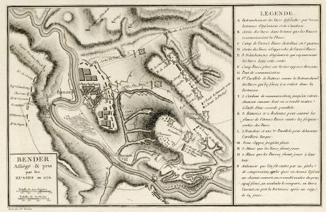 Antique Maps, Tardieu, Romania - Moldavia, Tighina, Bender, Dniester, 1783: Bender Assiégé & pris par les Russes en 1770