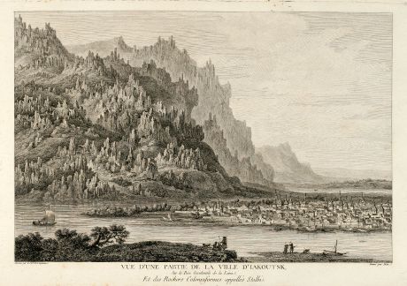 Antike Landkarten, de Lespinasse, Russland, Jakutsk, Lena, 1783: Vue d'une Partie de la Ville d'Iakoutsk Sur le Rive Occidentale de la Léna, et des Rochers Colonniformes appellés Stolbi.