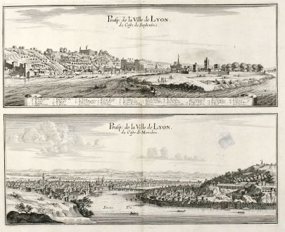 Antique Maps, Merian, France, Lyon, 1657: Prosp: de la Ville de Lyon, du Coste de Septentrio / Prosp: de la Ville de Lyon, du Coste de Meridies.