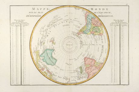 Antike Landkarten, Bonne, südliche Hemisphäre, 1780: Mappe-Monde Sur Le Plan De L'Equateur Hémisphère Méridional.