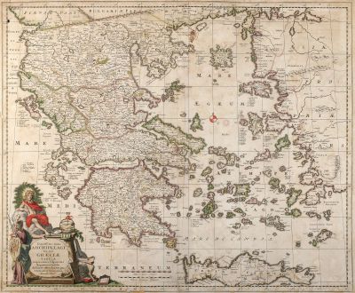 Antike Landkarten, Visscher, Griechenland, Peloponnes, Ägäis, Kreta, 1680: Exactissima Totius Archipelagi nec non Graeciae Tabula in qua Omnes Subjacentes Regiones et Insulae distincte ostenduntur...