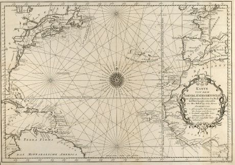 Antike Landkarten, Bellin, Atlantik, Seekarte, Afrika, Amerika, 1746: Karte von dem Abendlaendischen Ocean