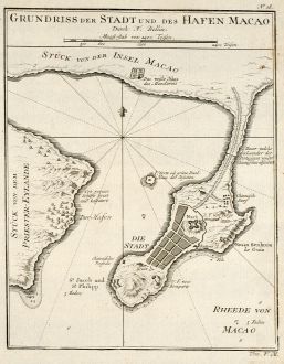 Antike Landkarten, Bellin, China, Macao, 1749: Grundriss der Stadt und des Hafen Macao