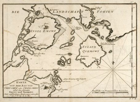 Antique Maps, Bellin, China, Zhangzhou, Fujian, Chang-Chow, Xiamen, 1749: Karte von der Bay von Chin-Chew oder Chang-Chew nebst den Eylanden Emowi und Quemowi