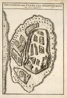 Antike Landkarten, Bellin, Ostafrika, Tansania, Kilwa Kisiwani, 1749: Grundriss der Insel und Stadt Quiloa