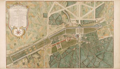 Antike Landkarten, Mariette, Frankreich, Chantilly, 1730: Plan general des chateaux, parc et jardins de Chantilly