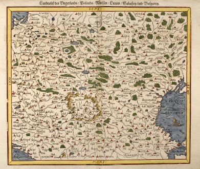 Antique Maps, Münster, Poland, Eastern Europe, 1550: Landtafel des Ungerlands / Polands / Reussen / Littaw / Walachey und Bulgarey