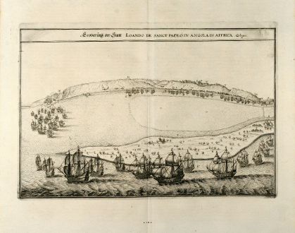 Antike Landkarten, Merian, Südafrika, Angola, Sao Paulo de Luanda, 1646: Eroberung der Statt Loando de Sanct Paolo in Angola in Affrica Gelegen.