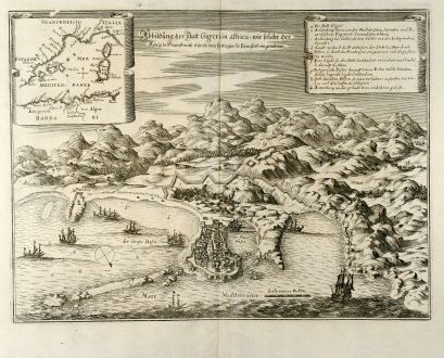 Antike Landkarten, Merian, Nordafrika, Algerien, Jijel, 1646: Abbildung der Statt Gigeri in affrica, wie solche der König in Franckreich durch den Hertzogen de Beaufort eingenohmen.