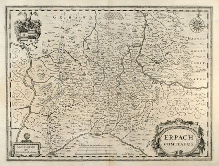 Antike Landkarten, Janssonius, Deutschland, Erbach, Bergstrasse, Odenwald, 1650: Erpach Comitatus