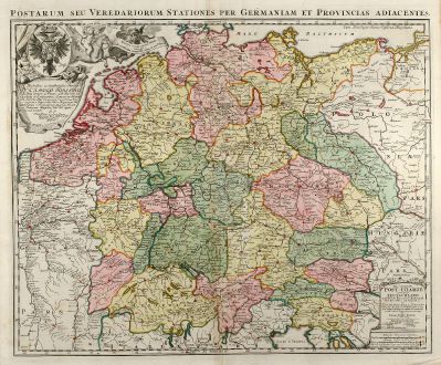 Antike Landkarten, Homann, Deutschland, Postrouten-Karte, 1709: Postarum seu Veredariorum Stationes per Germaniam et Provincias Adiacentes