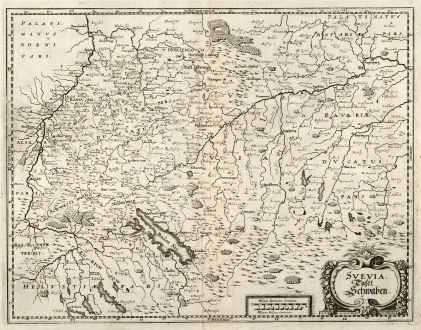 Antike Landkarten, Merian, Deutschland, Baden-Württemberg, Schwaben, 1643: Svevia. Tafel Schwaben.