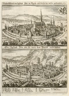 Antike Landkarten, Merian, Deutschland, Bayern, Allgäu, Isny, 1643: Wahre bildnuß der Statt Ysny im Algäw wie solche im wesen gestanden 1631. / Die Statt Ysni wie sie nach dem Brandt...