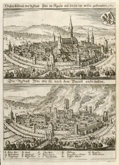 Antique Maps, Merian, Germany, Bavaria, Allgäu, Isny, 1643: Wahre bildnuß der Statt Ysny im Algäw wie solche im wesen gestanden 1631. / Die Statt Ysni wie sie nach dem Brandt...