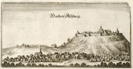 Antique Maps, Merian, Germany, Baden-Wurttemberg, Asperg, Hohenasperg, 1643: Hochen Aschberg