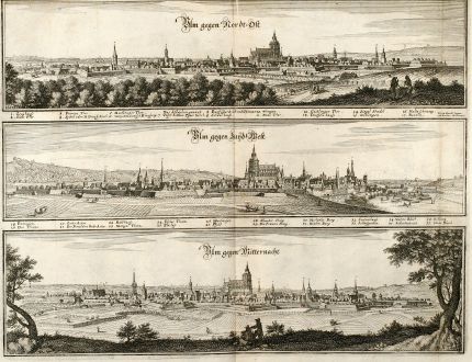 Antike Landkarten, Merian, Deutschland, Baden-Württemberg, Ulm, 1643: Ulm gegen Nordt-Ost / Ulm gegen Zuyd-West / Ulm gegen Mitternacht