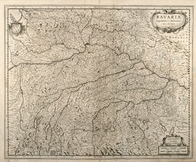 Antike Landkarten, Janssonius, Deutschland, Bayern, 1640: Bavariae Superioris et Inferioris nova descriptio.