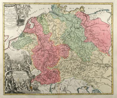 Antike Landkarten, Homann, Deutschland, Flußläufe, 1710: Hydrographia Germaniae qua Geographiae Naturalis ...