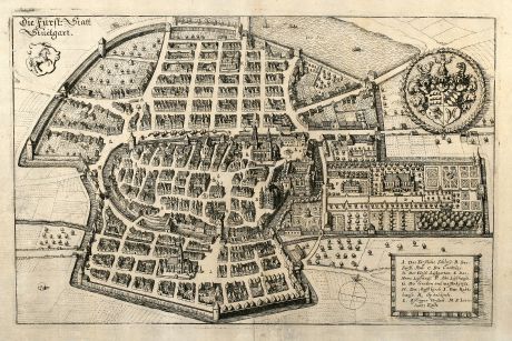 Antike Landkarten, Merian, Deutschland, Stuttgart, 1643: Die Fürst: Statt Stuetgart
