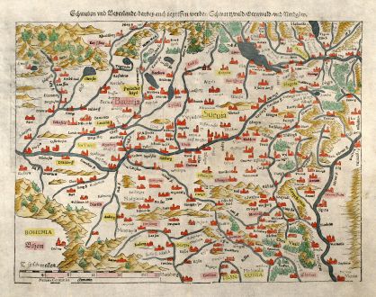 Antike Landkarten, Münster, Deutschland, Baden-Württemberg, Bayern, Schwaben: Schwaben und Bayerlandt darbey auch Begriffen werden Schwartzwald, Otenwald, und Nordgow.