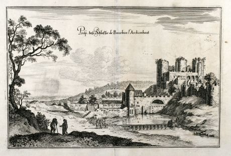 Antike Landkarten, Merian, Frankreich, Allier, Burg von Bourbon l Archambaut: Prosp. dess Schlosses de Bourbon l'Archambaut