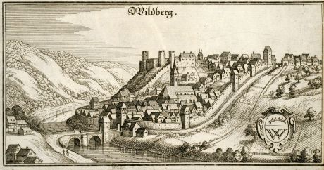 Antike Landkarten, Merian, Deutschland, Baden-Württemberg, Wildberg, 1643: Wildberg