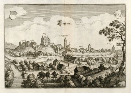 Antique Maps, Merian, Germany, Baden-Wurttemberg, Swabia, Leipheim, 1643: Leipheim