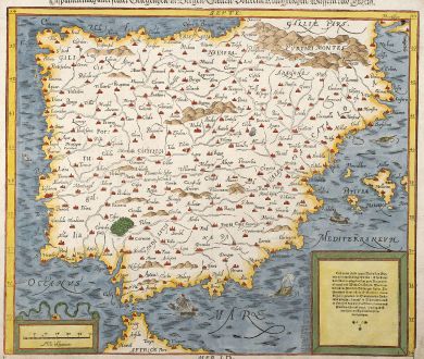 Antique Maps, Münster, Spain - Portugal, 1550: Hispanien nach aller seiner Gelegenheit, in Bergen, Stetten, Völckern, Königreichen, Wässern und Inseln