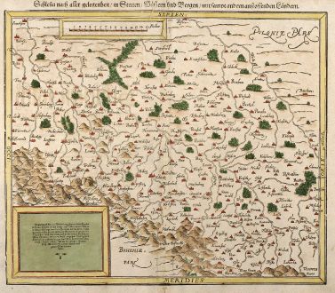 Antike Landkarten, Münster, Polen, Schlesien, 1550: Schlesia nach aller Gelegenheit / in Stetten / Wassern und Bergen / mit sampt andern anstossenden Ländern